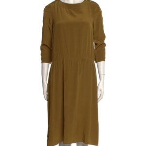 Tibi Silk Midi Length Long Sleeve Dress XS ochre gold brown green LIKE NEW!